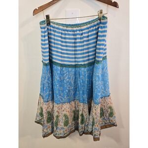 Overdrive Boho Tiered Skirt XL‎ Turquoise Patchwork Paisley Striped Festival